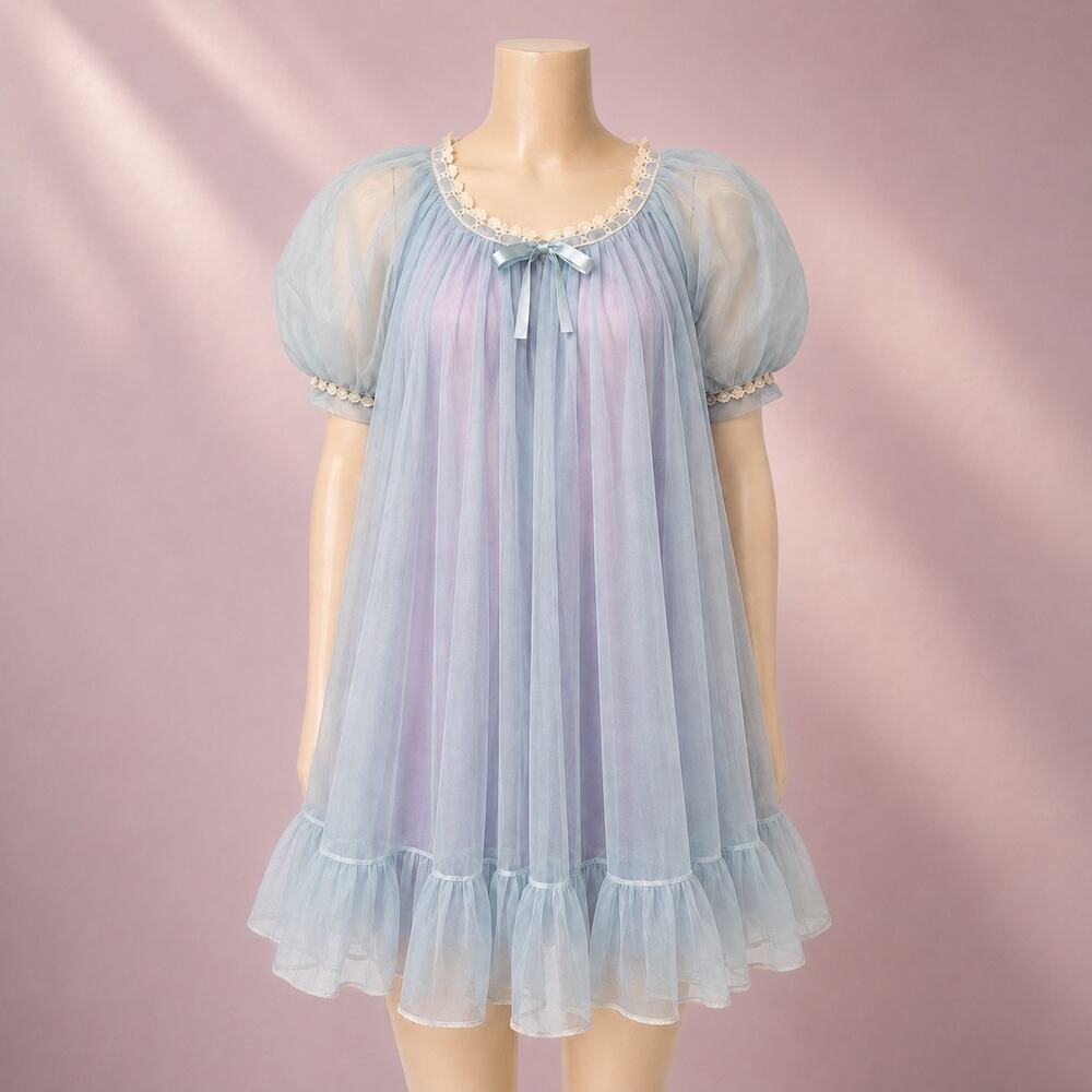 Vintage 60s Blue Lavender Nylon Peignoir Nightgown Set Sheer Puff Sleeve M -